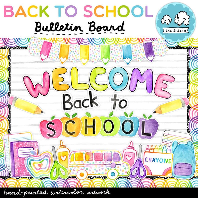 Welcome Back To School Bulletin Board Kit, Rainbow Watercolor Classroom Decor Idea For Teachers, Printable School Supplies Class Decorations