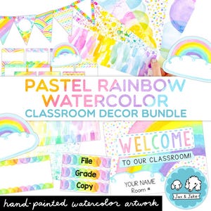 Pastel Rainbow Watercolor Classroom Decor Growing Bundle - Calm Class Decor Theme