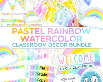 Paquete en crecimiento de decoración para el aula con acuarelas de arcoíris pastel - Tema de decoración para un aula tranquila