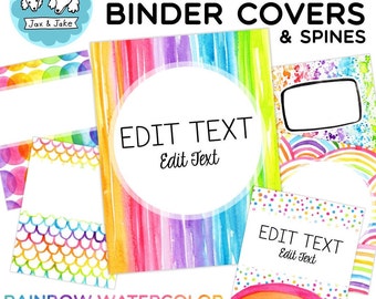 May include: Printable binder covers and spines with a rainbow watercolor theme. The covers feature different rainbow patterns, including stripes, polka dots, and scales. The text "EDIT TEXT" appears on each cover, with space to add your own text.
