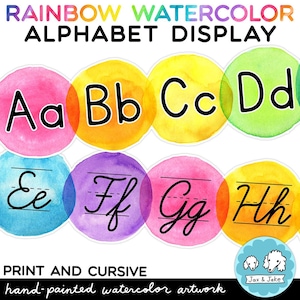 Affiches alphabet aquarelle arc-en-ciel, imprimés et CURSIF inclus, affichage de tableau d'affichage pour la rentrée des classes lumineuses
