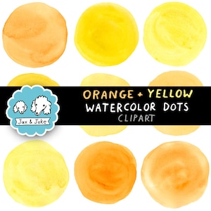 May include: Nine watercolour dots in shades of orange and yellow. The dots are arranged in three rows of three. The text "ORANGE + YELLOW WATERCOLOUR DOTS CLIPART" is written in black on a white background.