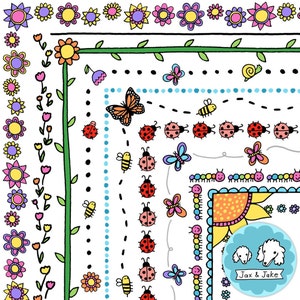 Bordas de clipart de primavera - Abelha, borboleta, joaninha, flor, clip art, bordas de página para março, abril, dia das mães, páscoa, sala de aula, boletins informativos PNG