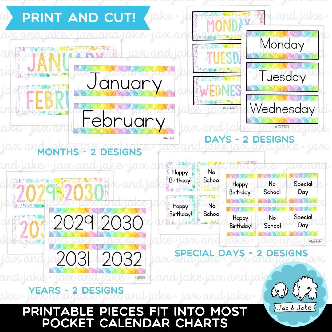 Pastel Rainbow Watercolor Classroom Calendar Cards for Pocket Chart ...