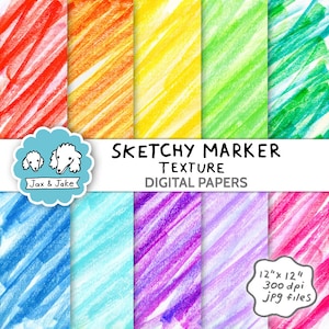 May include: Set of 10 digital papers featuring a sketchy marker texture in various colours. Each paper is 12 inches by 12 inches and 300 dpi. The papers are perfect for scrapbooking, card making, and other craft projects.