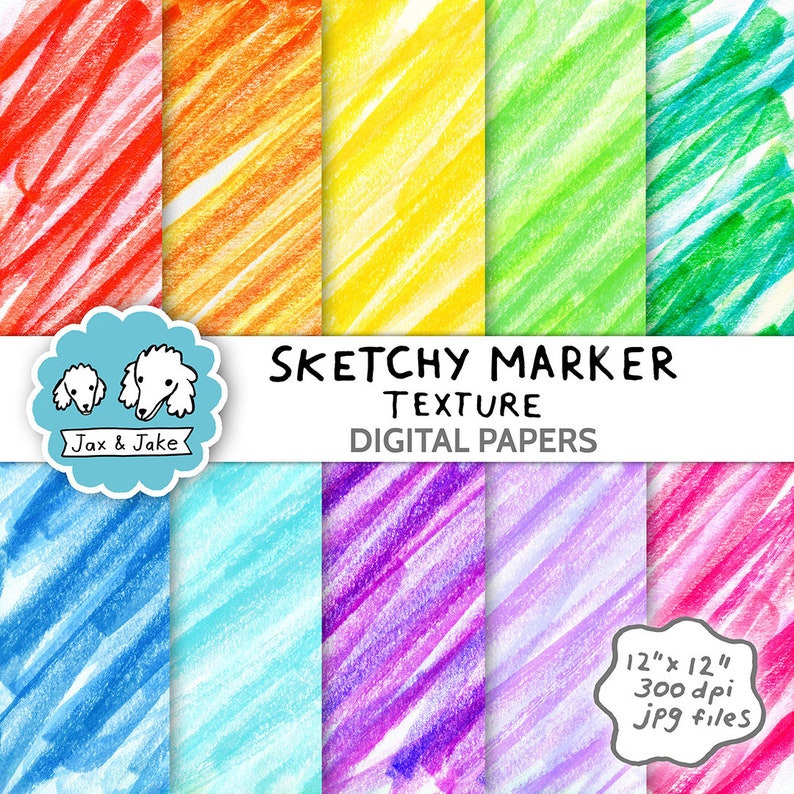 May include: Set of 10 digital papers featuring a sketchy marker texture in various colors. Each paper is 12 inches by 12 inches and 300 dpi. The papers are perfect for scrapbooking, card making, and other craft projects.