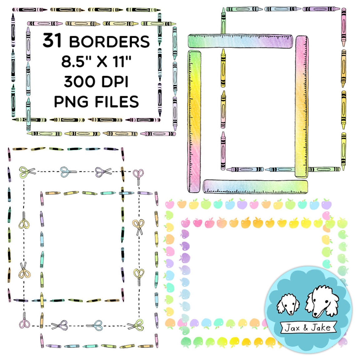 Pastel Rainbow School Clipart Borders, Back to School Supplies Clip Art ...