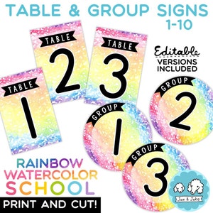 Editable Rainbow Watercolor Composition Table and Group Number Signs Labels 1-10, Back To School Printable Bright Classroom Theme Decor