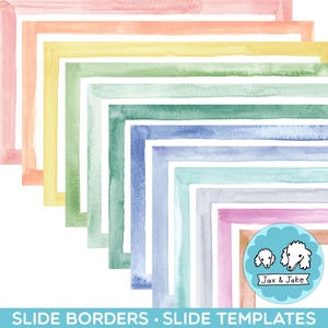 May include: A set of ten watercolor painted borders in a rainbow color scheme. The borders are arranged in a cascading pattern, with the largest border at the top and the smallest border at the bottom. The borders are all in a light, pastel color scheme. The text "Slide Borders - Slide Templates" is at the bottom of the image.