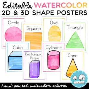 Cartazes de formas 2D e 3D em aquarela editáveis, decorações de sala de aula para impressão para tema de decoração de sala de aula de arco-íris