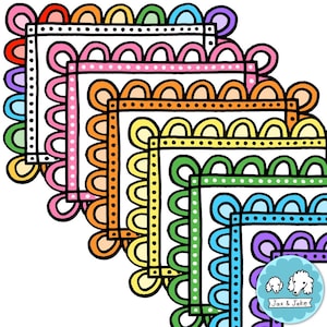 May include: A collection of colorful, scalloped-edge frames in various colors, including pink, orange, yellow, green, and blue. Each frame has a white interior and a dotted border. The frames are arranged in a layered, overlapping design.