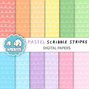 Könnte beinhalten: Ein Set mit 10 digitalen Papieren mit pastellfarbenen Hintergründen und weißen gekritzelten Streifen. Der Text "Pastel Scribble Stripes Digital Papers" befindet sich oben im Bild.