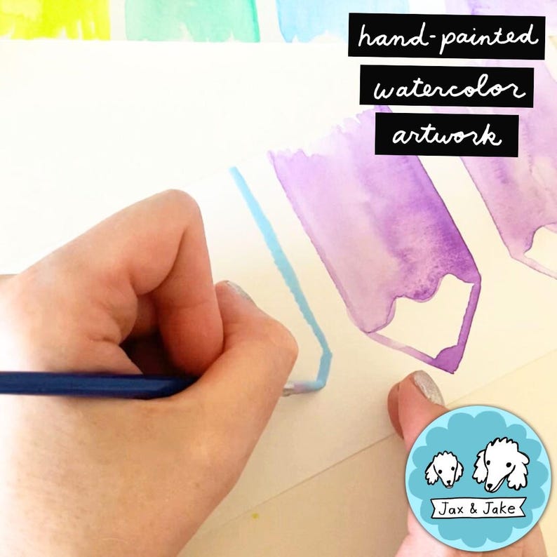 May include: Hand-painted watercolor artwork in progress. A hand holds a blue pencil, creating a light blue outline on white paper. The artwork features purple watercolor pencil shapes. The image includes the text "hand-painted watercolor artwork".