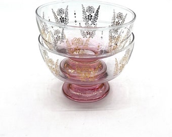 Crown Crystal Glass (Australia)  Pink Hue Gold Etched Retro Dessert Bowls Set of Two