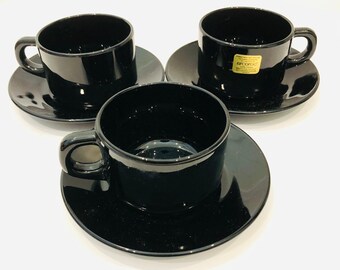 Vintage Arcoroc  France Espresso Demitasse Cups and Saucers 1980s Set of Two  Black Coffee Set