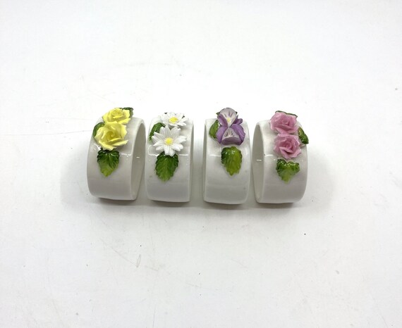 陶器製 ナプキンスタンド 花柄 レトロ ヴィンテージ磁器の花柄ナプキンリング - 4個セット - Etsy 日本