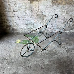 Garden Art Wheelbarrow  Miniature Plant Stand Metal Rusted  Planter Frame