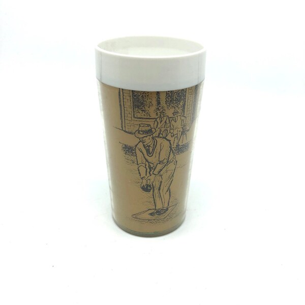 Newlyne  insulated tumbler by J Glaser Melbourne c1960 Lawn Bowler theme Plastic Beaker Picnicware