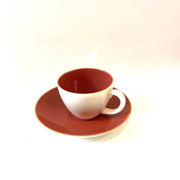 Vintage Poole England Twintone Demitasse Duo Red Indian and Magnolia Coffee Cup and Saucer  1950s Mid Century design