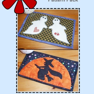 May include: Two PDF patterns for making Halloween-themed quilted coasters. One pattern features two ghosts with hearts, the other a witch flying on a broomstick in front of a full moon. The text "The PATCHSMITH's Witch and Ghosts Pattern Pack" is at the top of the image. The text "TWO PDF PATTERNS for immediate download" is at the bottom of the image.