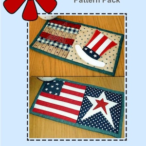 May include: Two PDF patterns for making patriotic-themed coasters. The first coaster features a red, white, and blue top hat with stars. The second coaster features a red, white, and blue American flag with a white star on a blue background.