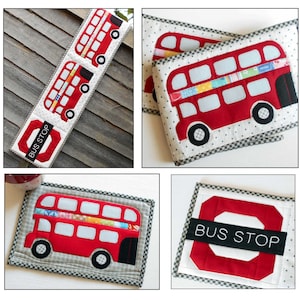 May include: Four red and white fabric coasters with a double-decker bus design. One coaster has the text "BUS STOP" in black letters.