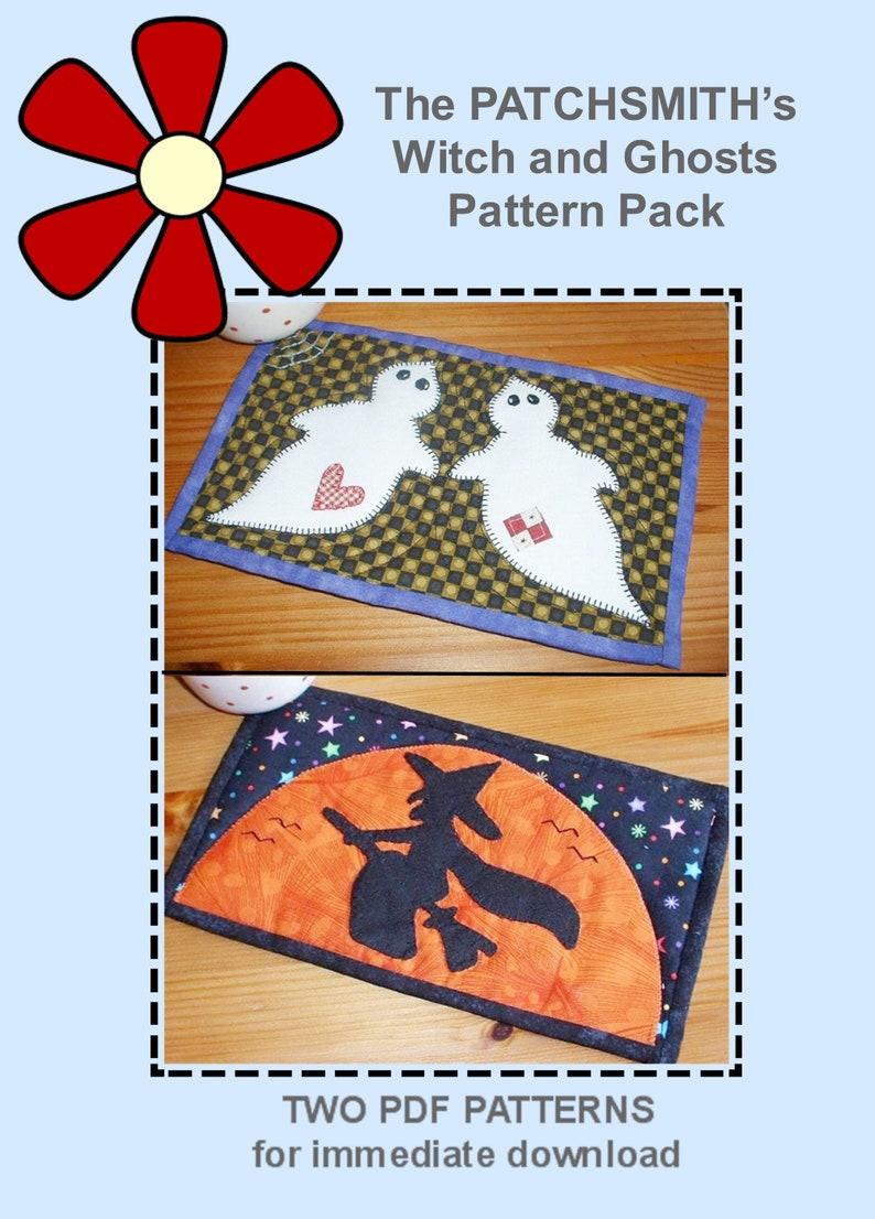 Halloween Witch and Ghost Pattern Pack Two Spooky Mug Rug Patterns from the Patchsmith image 1