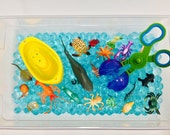 Ocean Sensory Bin with Aqua Water Beads - Includes Bin - Helps with Fine Motor Skills
