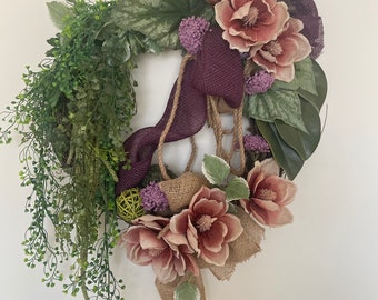 Large Romantic Wreath: Faux Burlap Flowers, Grapevine Decor (25-26" Across)