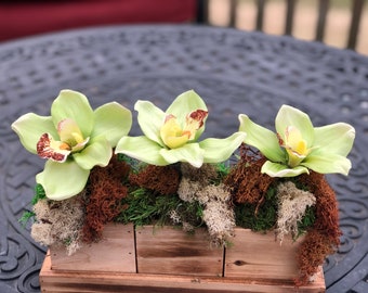 Faux Orchids Centerpiece with different types of natural moss. Mossy centerpiece, Table Decor Home decor, Floral arrangement, Faux Orchids