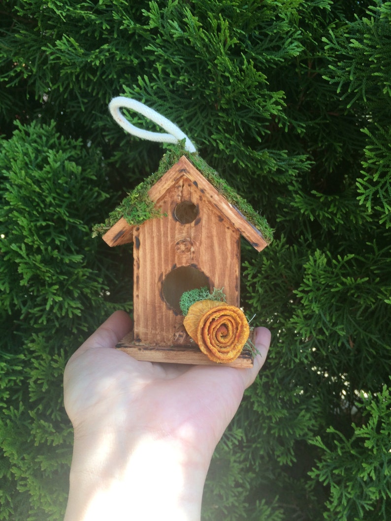 Hanging Woodland Birdhouse-Rustic Birdhouse Decorated Bird house-Bird house Table Decor Wood ornaments Wood Bird House