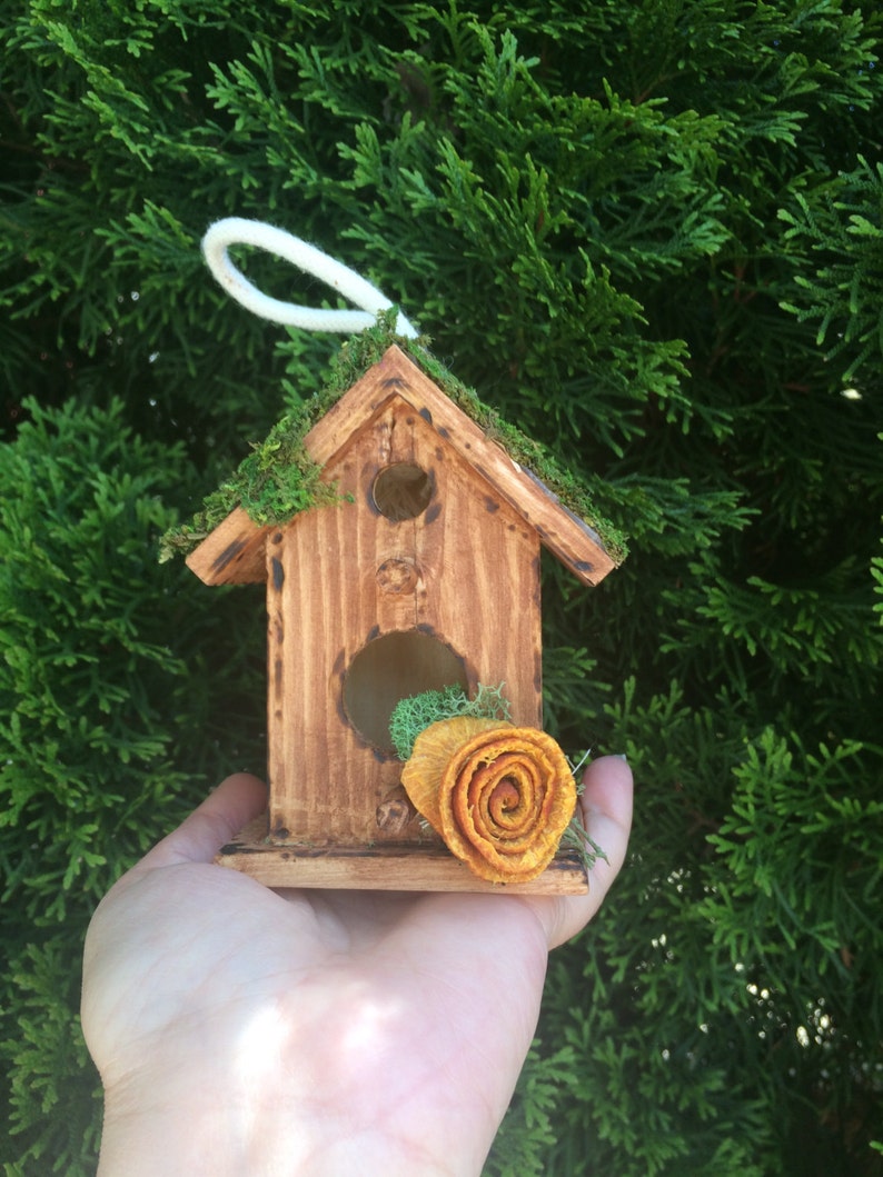 Hanging Woodland Birdhouse-Rustic Birdhouse Decorated Bird house-Bird house Table Decor Wood ornaments Wood Bird House