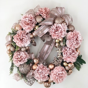 Christmas wreaths, Pink decor, Holidays wreaths, Front door decor, Door decor, Wall decor, Peonies wreath, Christmas front door, Gold theme