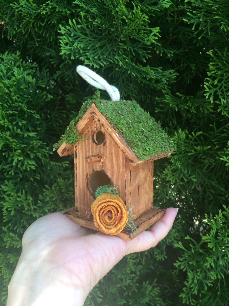 Hanging Woodland Birdhouse-Rustic Birdhouse Decorated Bird house-Bird house Table Decor Wood ornaments Wood Bird House