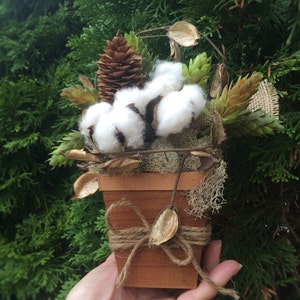 Może przedstawiać: Mała drewniana doniczka z brązowym odcieniem, wypełniona suszonymi kulkami bawełny, szyszkami i zielenią. Doniczka jest związana sznurkiem i kokardką.