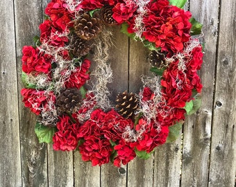 Red faux hydrangeas, Christmas wreaths, Holidays wreaths, Hydrangeas wreath, Red Christmas wreaths, Holiday home decor, Christmas home