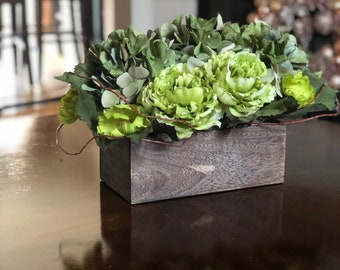 Faux Hydrangeas centerpiece, Rustic centerpiece, Green Hydrangeas centerpiece, Peonies centerpieces, Home decor, Mantle decor, Table decor