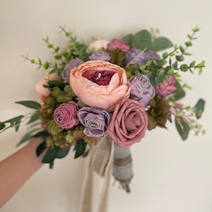 Boho Wedding Bouquet: Blush Roses, Succulents, Burlap Lace