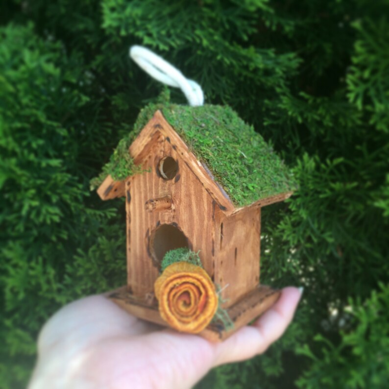 Hanging Woodland Birdhouse-Rustic Birdhouse Decorated Bird house-Bird house Table Decor Wood ornaments Wood Bird House