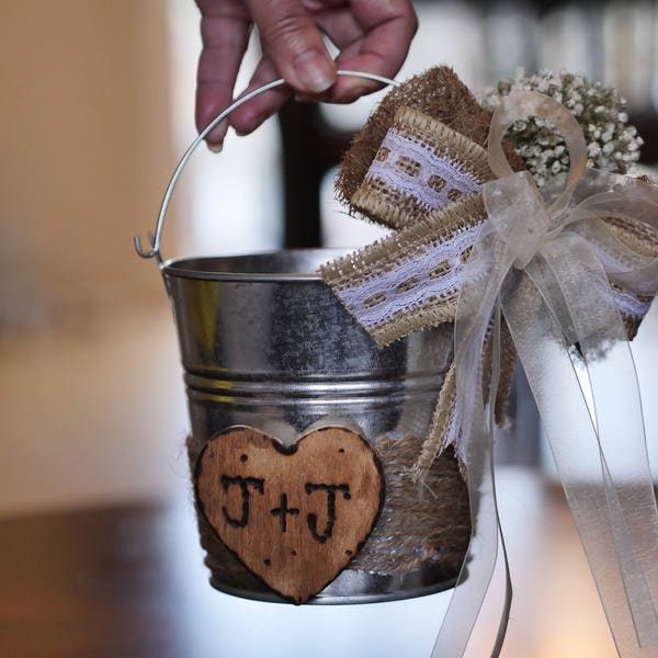 Rustic flower Girl basket, Flower girl Pail Metal Burlap Baskets, Shabby Chic Weddings, Rustic, Flower girl Shabby Chic basket, Flower girl