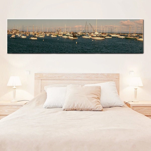 Large wall art panoramic beach photography canvas wrap 12x36, 20x60, coastal wall hanging nautical decor, harbor bay boats, black & white