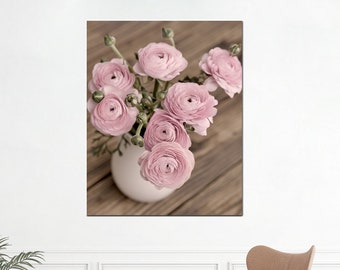 Large modern farmhouse print, dusty pink ranunculus flower photo, rustic girls room decor, bedroom still life floral tall vertical artwork