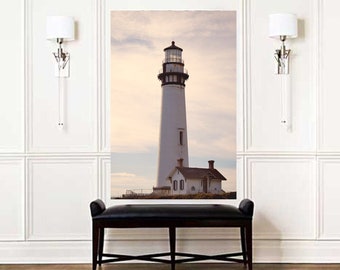 Tall canvas extra large panoramic wall art 20x60, entryway staircase beach coastal decor, lighthouse vertical photograph, black & white