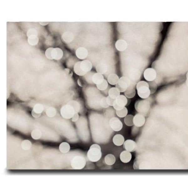 Large abstract canvas or photography print, tree branch lights, brown beige tan neutral winter holiday wall art, fairy light sparkles