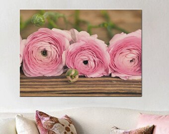 Farmhouse chic floral photography ranunculus print modern rustic cottage wall decor, tan beige dusty pink flower, large bedroom bathroom