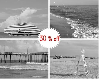 Coastal print set of 4 prints, 11x14 black & white photography ocean beach theme pictures, nautical bathroom bedroom decor, Virginia Beach