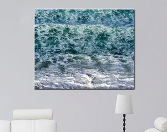 Ocean abstract canvas or beach decor modern print, extra large wall art, teal white nautical print, sea wall decor, aerial, horizontal art