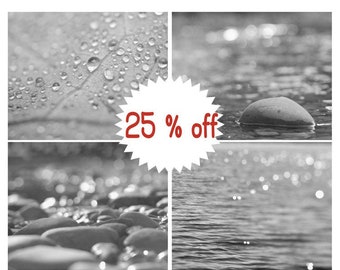 Modern bathroom art grey photography set of 4, black and white wall art set, water drops light abstract pictures, bathroom spa room decor