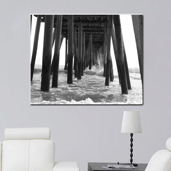 Black and white coastal print or canvas, pier photography wall art, Virginia Beach boardwalk, under pier ocean wave splash, gift for men