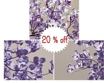 Lavender wall art set of 3 prints, dogwood tree floral branches photography, nursery baby girl room bedroom bathroom decor  beige tan purple